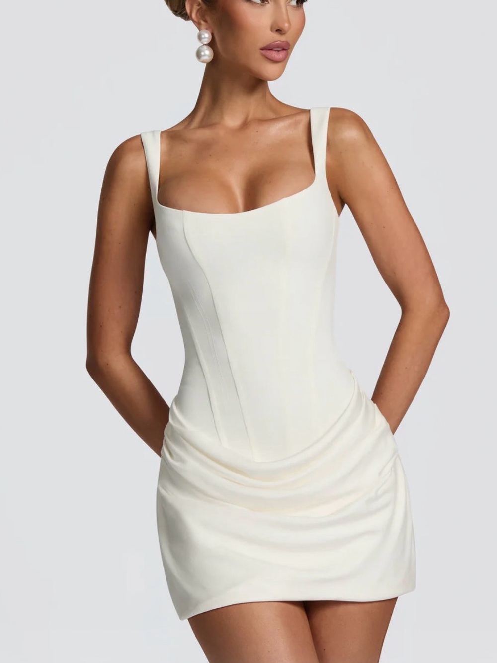 Cream Draped Mini Dress with Structured Bodice - Picture 7 of 10